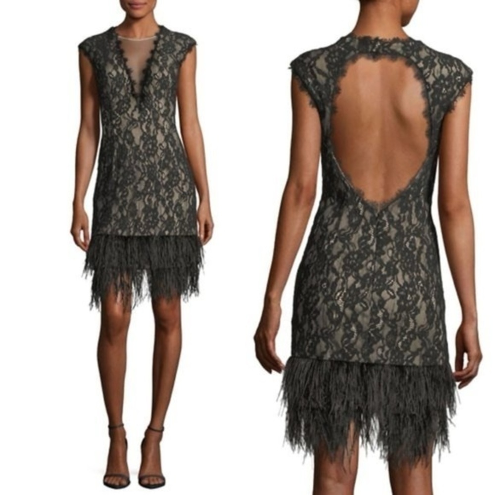 Aidan Mattox Lace and Feather Short Cocktail Open Back Dress Evening Gown US 8